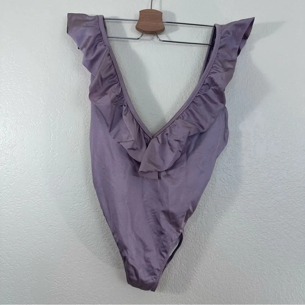 PINK VS Shine Ruffle One Piece Swimsuit in Metallic Lilac Size S - Picture 3 of 9